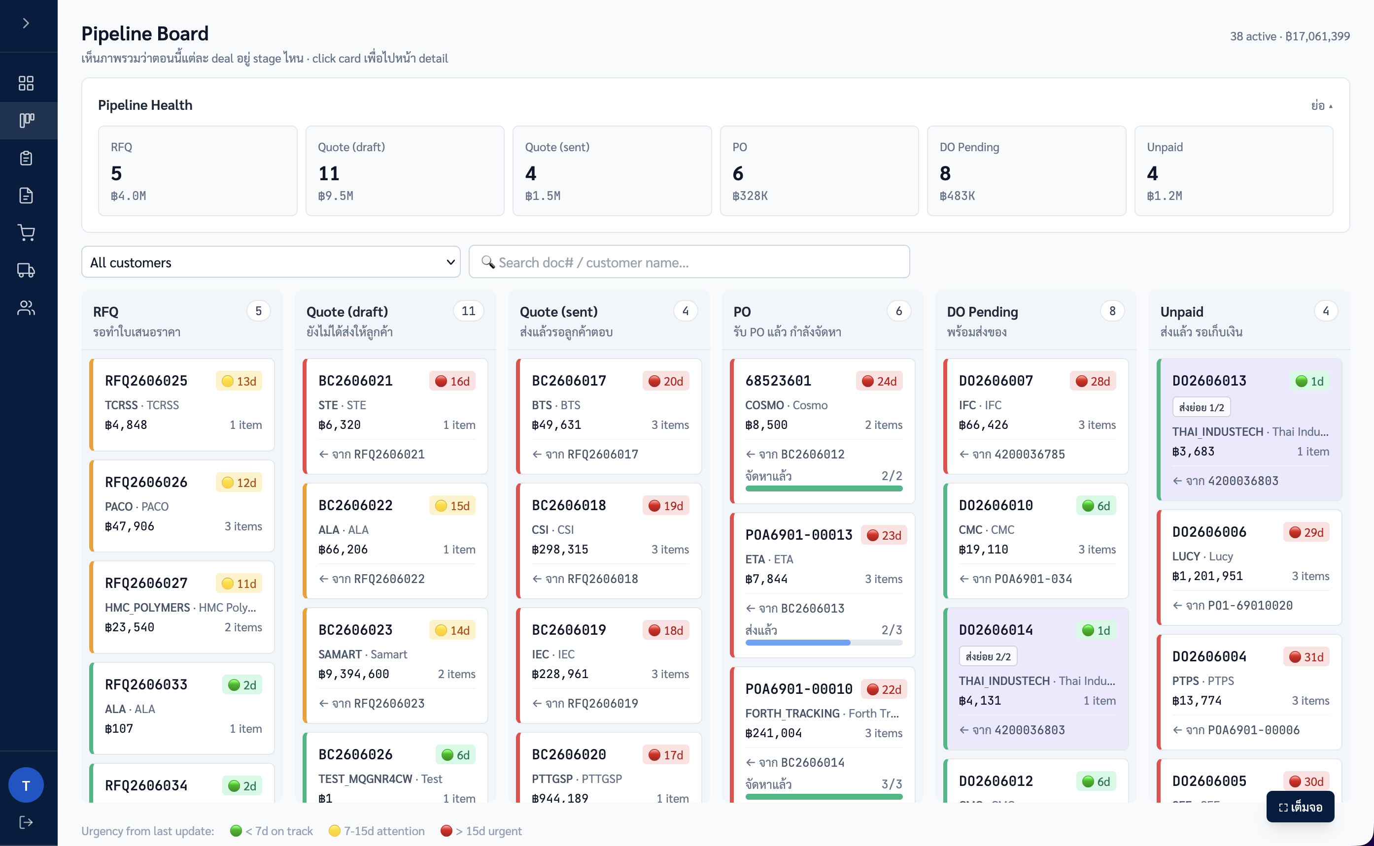 Blue Carp ERP pipeline board with RFQ, quote, PO, and DO stages